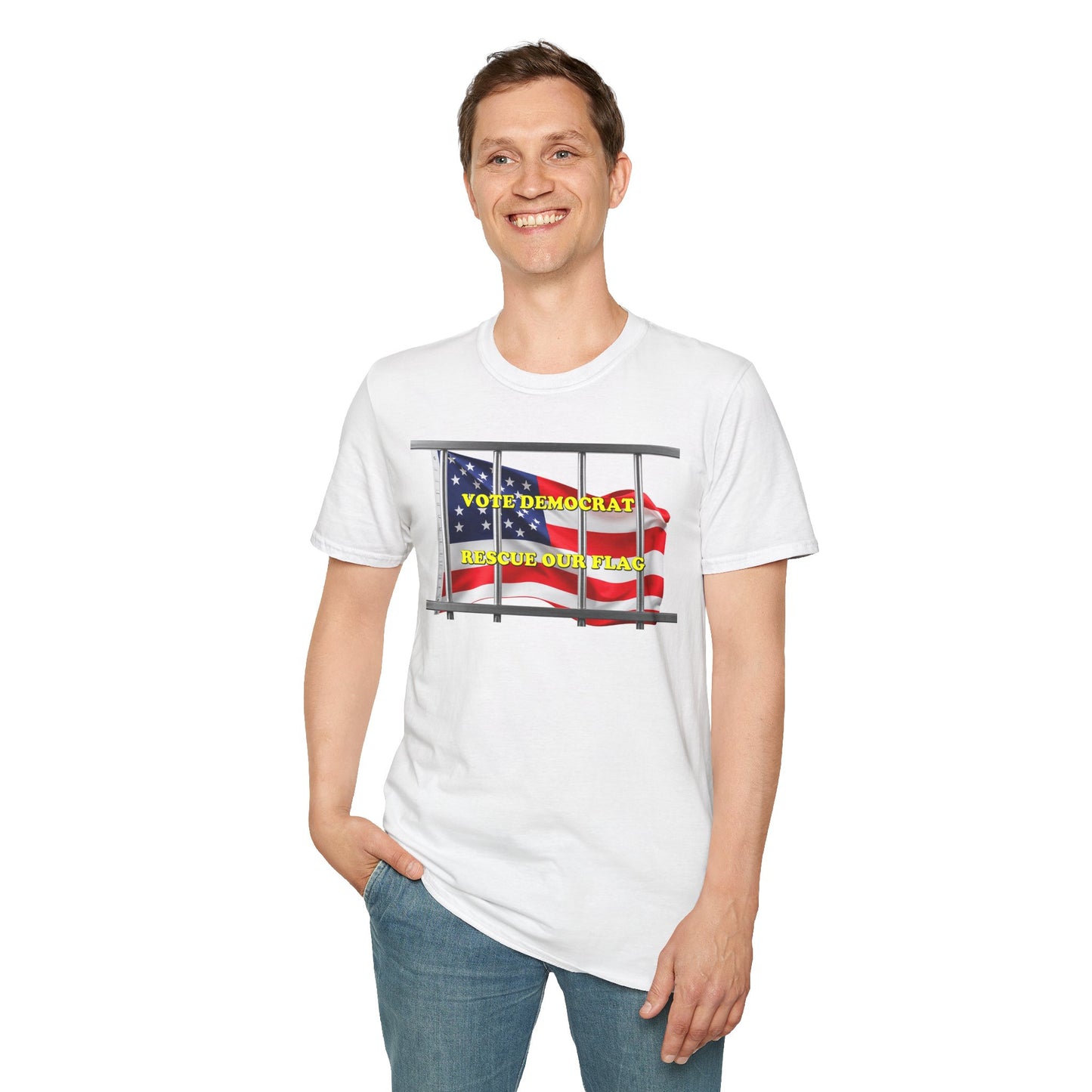 Vote Democrat Rescue Our Flag T-Shirt - Unisex Softstyle Tee with Patriotic Design